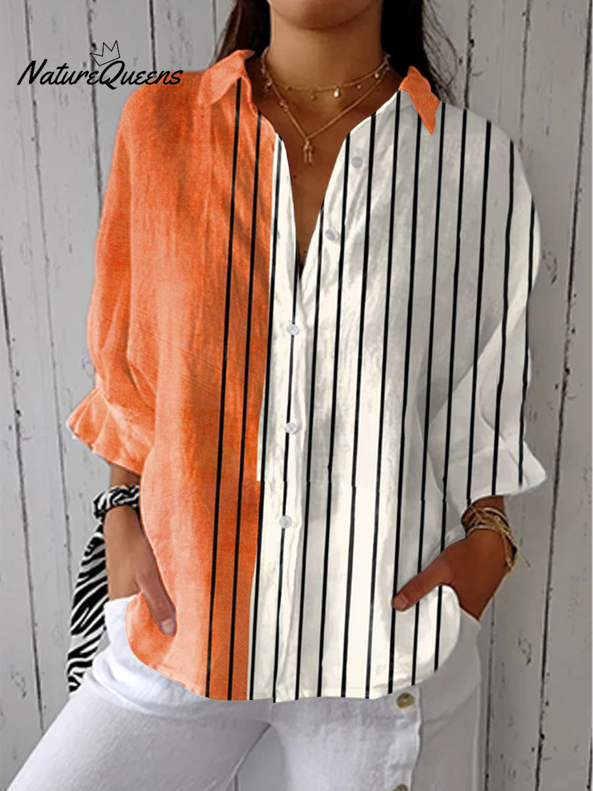 Women's Vintage Abstract Geometric ArtPrint Casual Linen V-neck Shirt