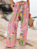 Women's Vintage Flowers Art Printed Cotton And Linen Casual Pants