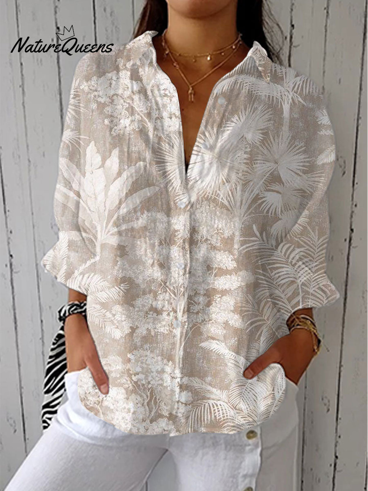 Women'sVintage Floral Art Print Casual Linen V-neck Shirt