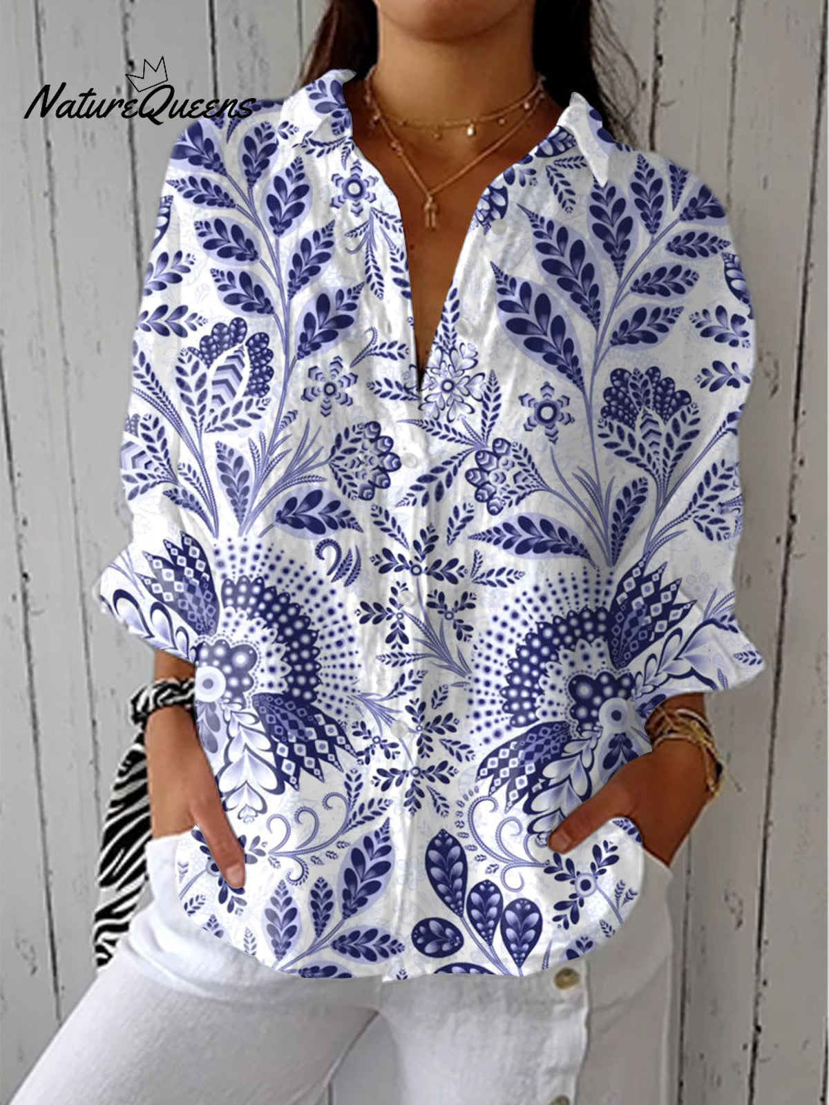 Women'sVintage Flower Art Print Casual Linen V-neck Shirt