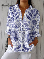 Women'sVintage Flower Art Print Casual Linen V-neck Shirt