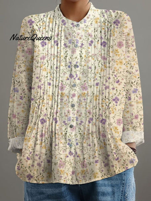 Women's  Floral Art Print Casual Cotton And Linen Shirt