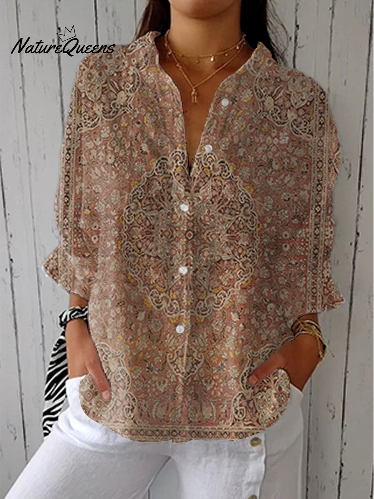 Women's Boho Vintage Art Print Casual Linen V-neck Shirt