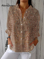 Women's Boho Vintage Art Print Casual Linen V-neck Shirt