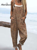 Women's Boho Vintage Art Print Casual 100% Cotton Wide Leg Jumpsuit