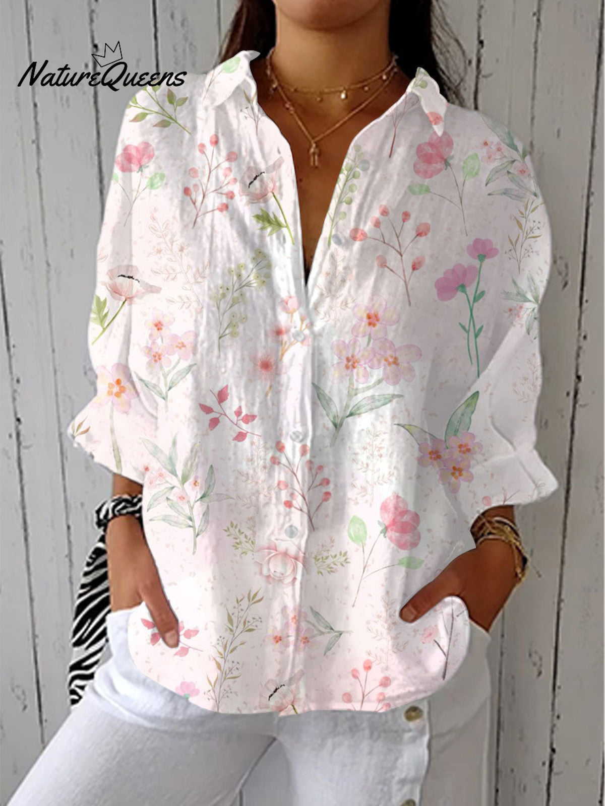 Women'sVintage Flowers Art Print Casual Linen V-neck Shirt