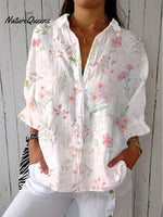 Women'sVintage Flowers Art Print Casual Linen V-neck Shirt