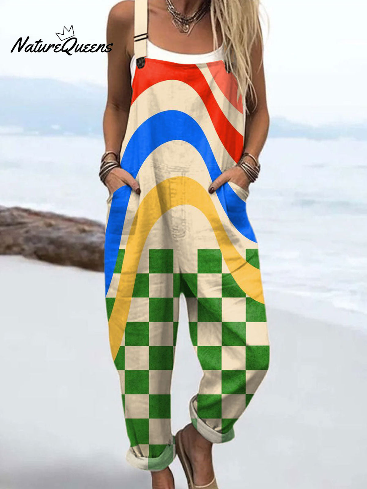 Women'sVintage Abstract Geometric Art Print Casual 100% Cotton Wide Leg Jumpsuit