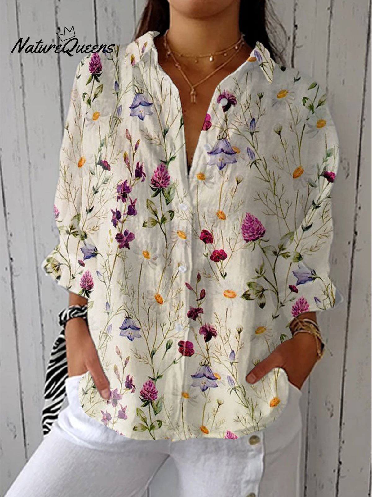 Women's Vintage Flowers Art Print Casual Linen V-neck Shirt