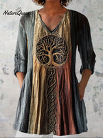Women'sTree Of Life Vintage Art Print Casual Linen V-neck Shirt