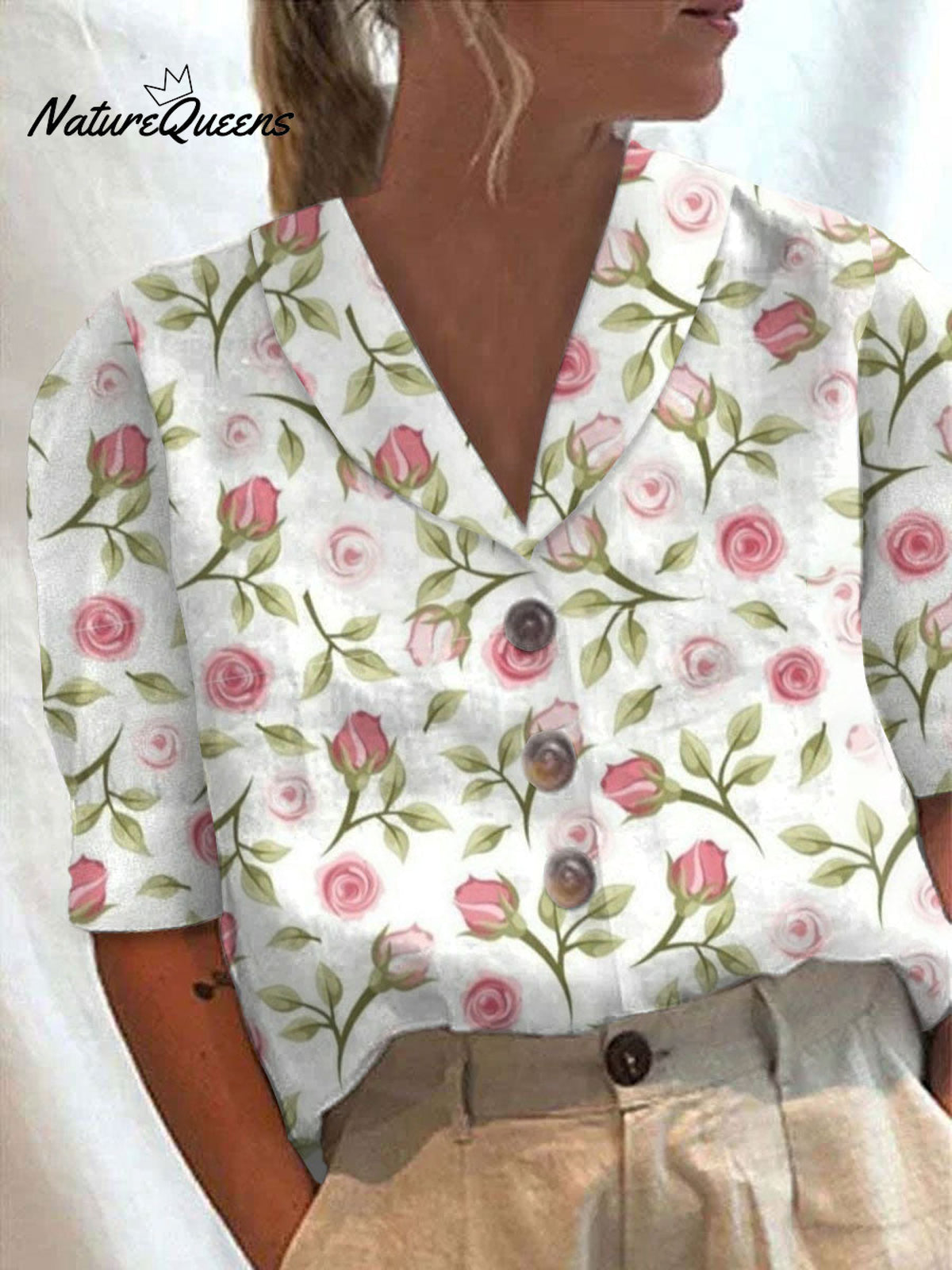 Women'sVintage Floral art Print Casual Cotton And Linen Shirt