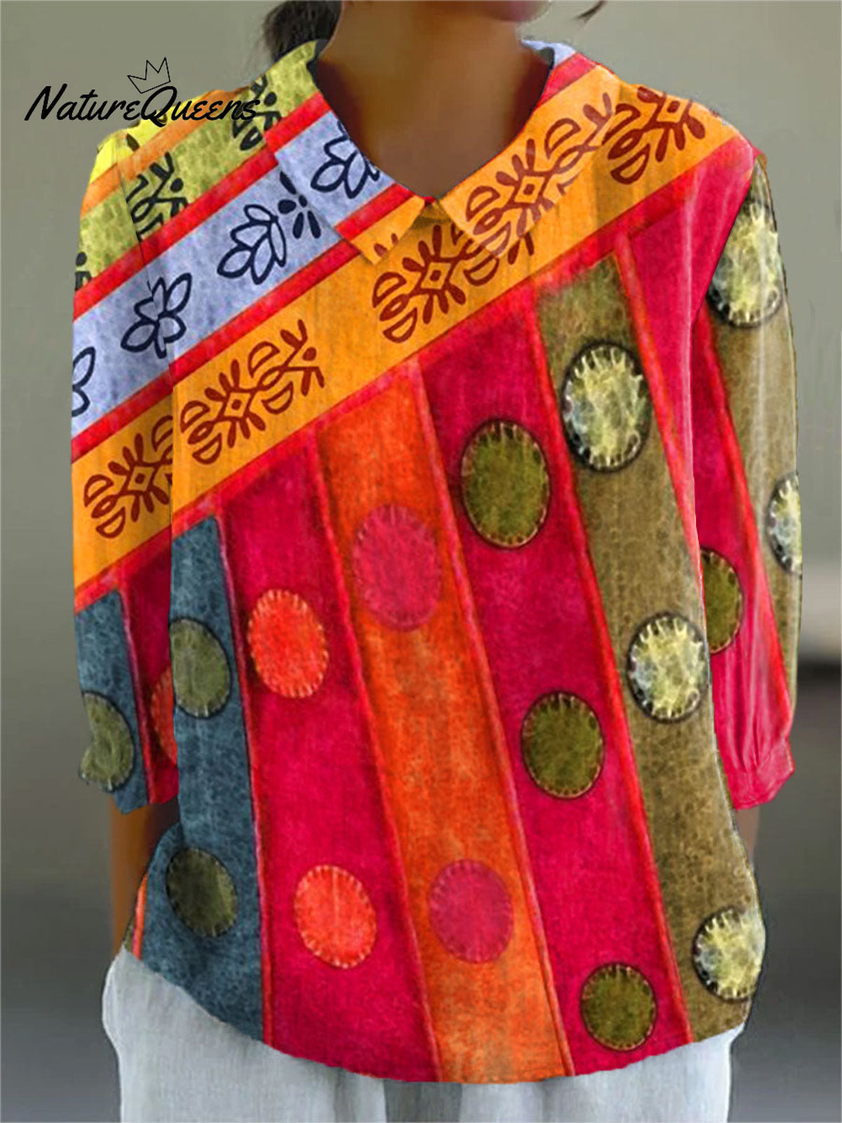 Women's Vintage Abstract Geometry Art Print Casual Cotton And Linen 3/4 Sleeve Shirt