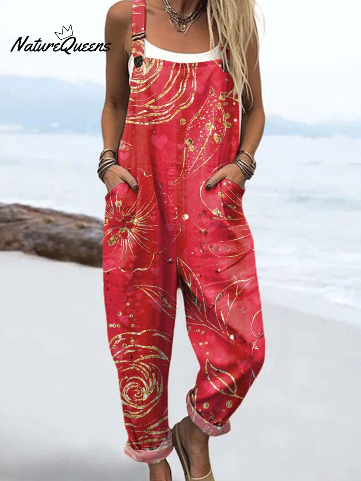 Women'sVintage Flowers Art Print Casual 100% Cotton Wide Leg Jumpsuit