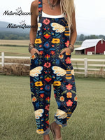 Women's Flying Bees Embroidery Pattern Casual Cotton Wide Leg Jumpsuit