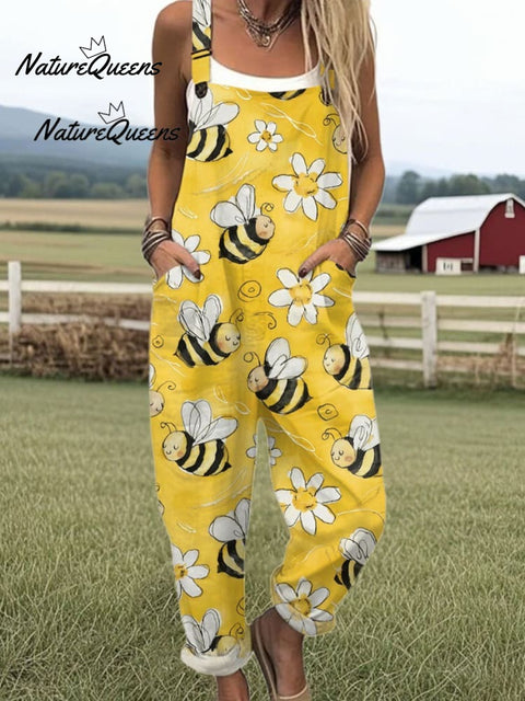 Women's Flying Bees Embroidery Pattern Casual Cotton Wide Leg Jumpsuit