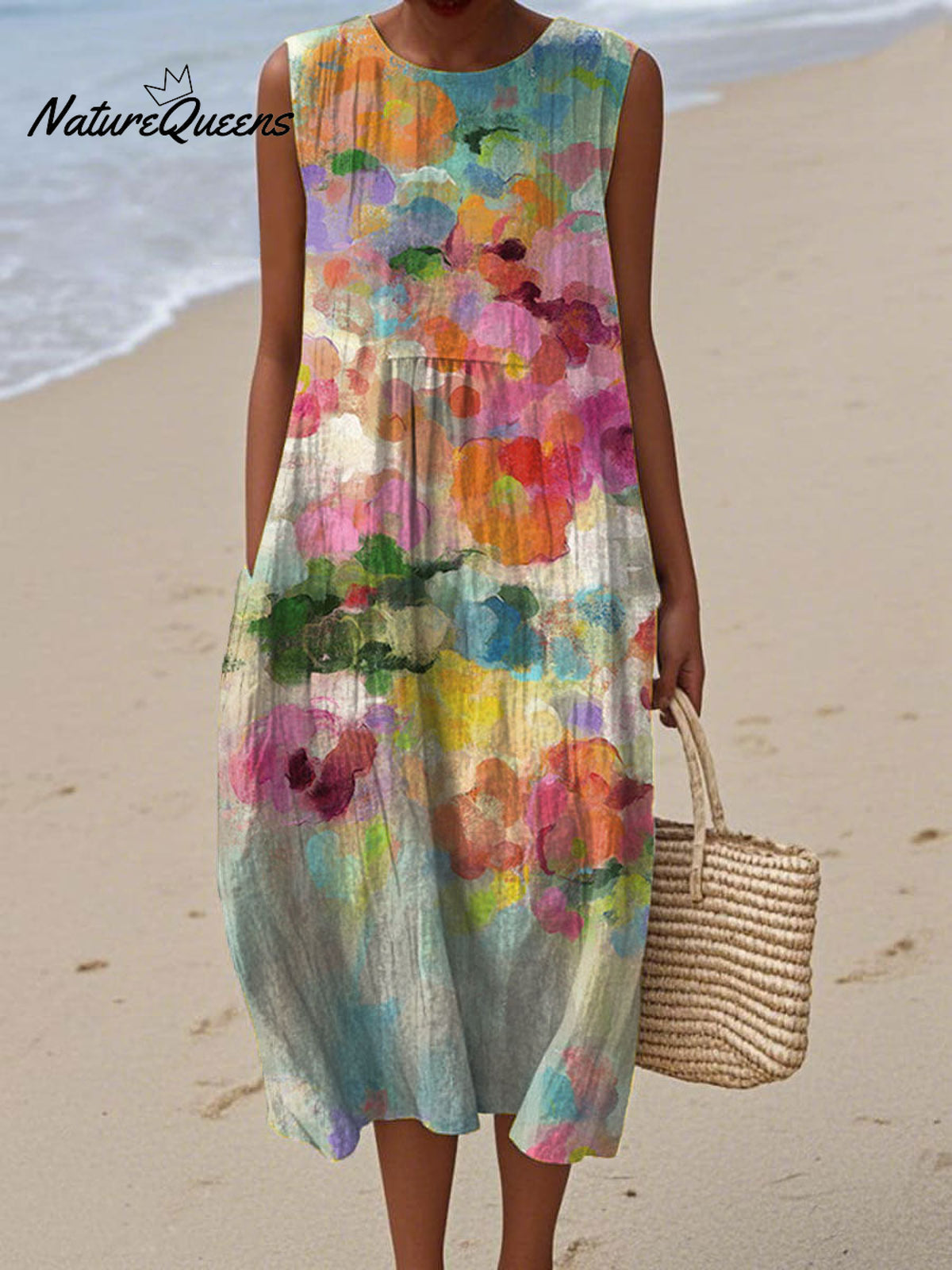 Women's Vintage FloralArt Print Sleeveless Cotton Pocket Wrap Dress