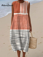 Women's Vintage Abstract GeometryArt Print Sleeveless Cotton Pocket Wrap Dress