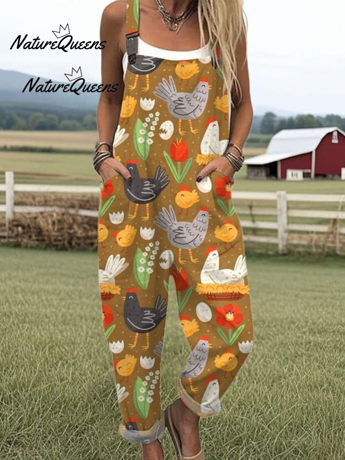 Women's Flying Bees Embroidery Pattern Casual Cotton Wide Leg Jumpsuit