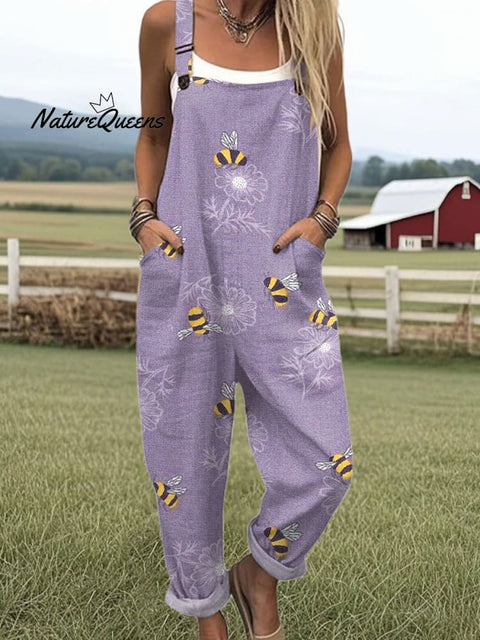 Women's  Bee Art Print Casual 100% Cotton Wide Leg Jumpsuit