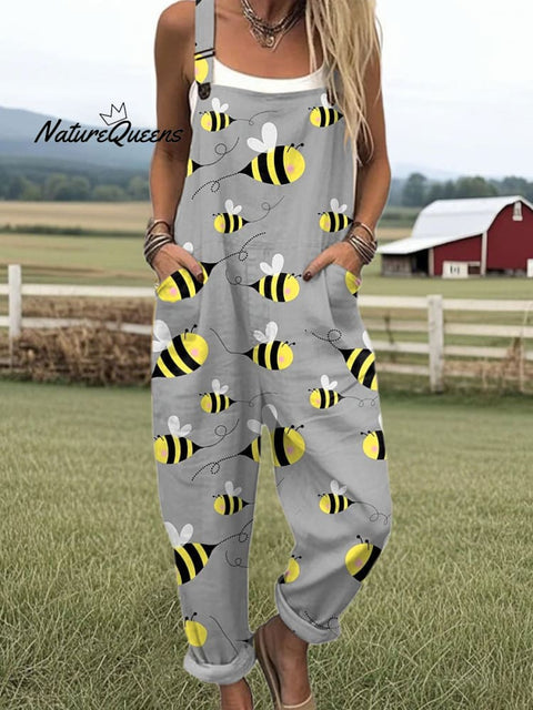 Women's  Bee Art Print Casual 100% Cotton Wide Leg Jumpsuit