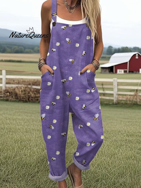 Women's  Bee Art Print Casual 100% Cotton Wide Leg Jumpsuit