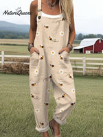 Women'sBee Art Print Casual 100% Cotton Wide Leg Jumpsuit