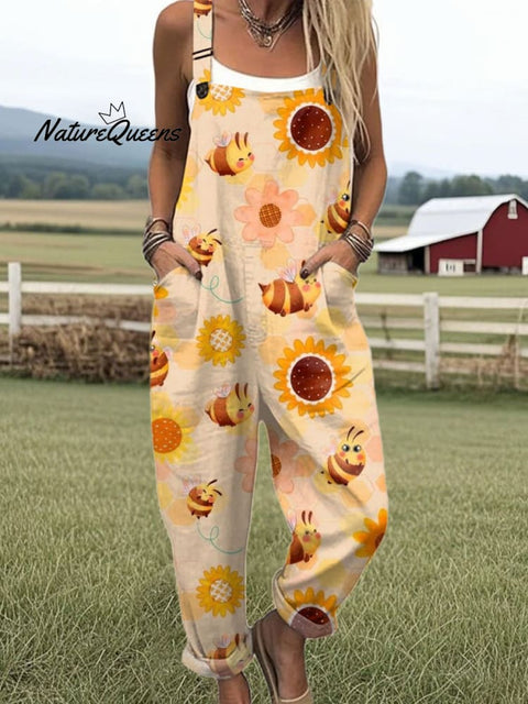 Women's  Bee Art Print Casual 100% Cotton Wide Leg Jumpsuit