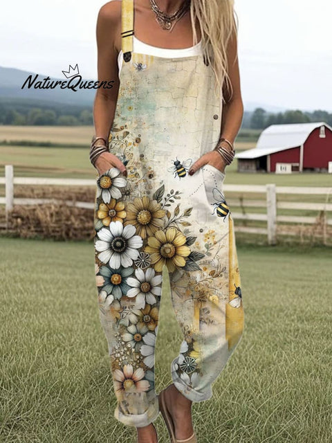Women's  Bee Art Print Casual 100% Cotton Wide Leg Jumpsuit