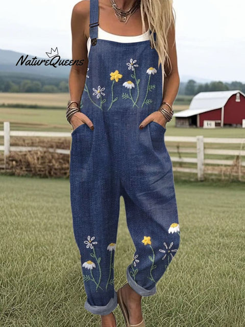 Women's  Floral  Art Print Casual 100% Cotton Wide Leg Jumpsuit