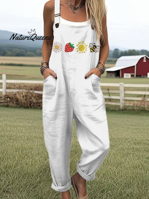 Women's Daisy Strawberry Sun Bee Embroidery Art Print Casual 100% Cotton Wide Leg Jumpsuit