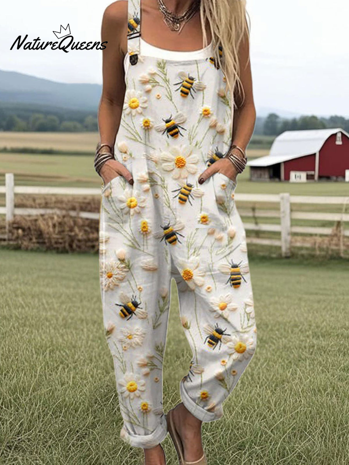 Women'sBeeFloralArt Print Casual 100% Cotton Wide Leg Jumpsuit