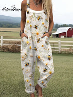 Women'sBeeFloralArt Print Casual 100% Cotton Wide Leg Jumpsuit