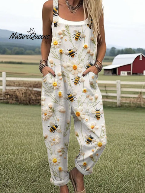 Women's  Bee  Floral  Art Print Casual 100% Cotton Wide Leg Jumpsuit