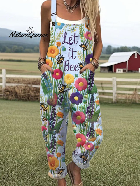 Women's  Bee  Floral  Art Print Casual 100% Cotton Wide Leg Jumpsuit