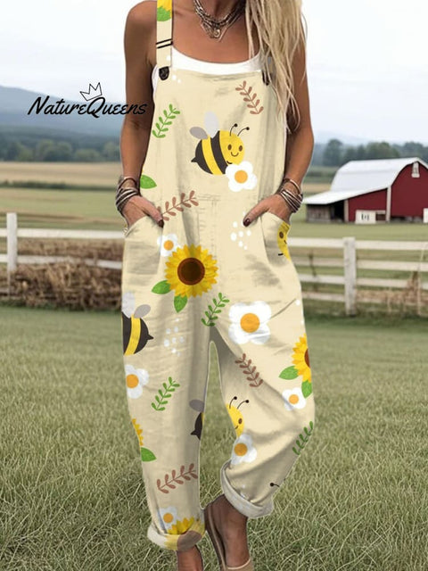 Women's  Bee  Floral  Art Print Casual 100% Cotton Wide Leg Jumpsuit