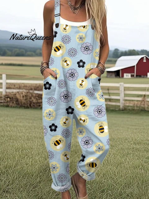 Women's  Bee  Floral  Art Print Casual 100% Cotton Wide Leg Jumpsuit