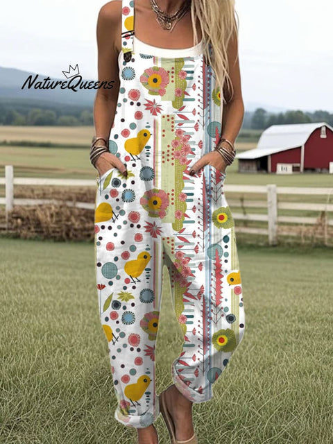 Women's  Funny Chick Art Print Casual 100% Cotton Wide Leg Jumpsuit