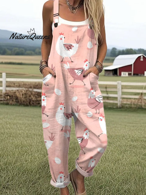 Women's  Funny Chick Art Print Casual 100% Cotton Wide Leg Jumpsuit