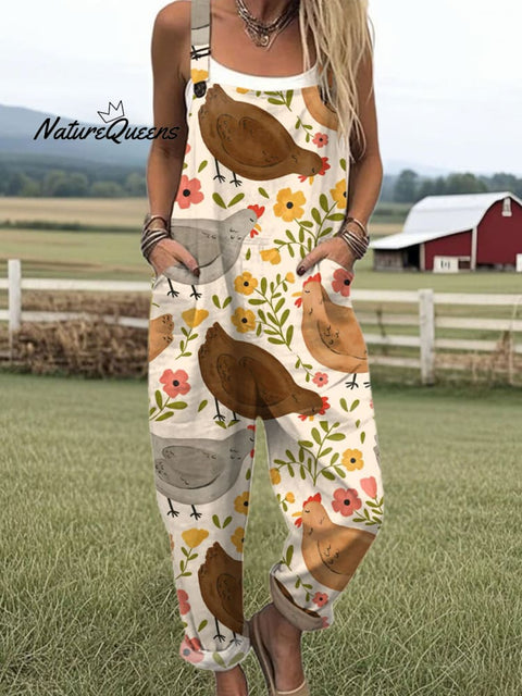 Women's  Funny Chick Art Print Casual 100% Cotton Wide Leg Jumpsuit