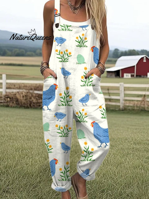 Women's  Funny Chick Art Print Casual 100% Cotton Wide Leg Jumpsuit