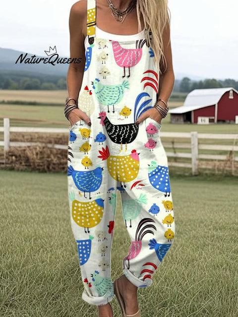 Women's  Funny Chick Art Print Casual 100% Cotton Wide Leg Jumpsuit