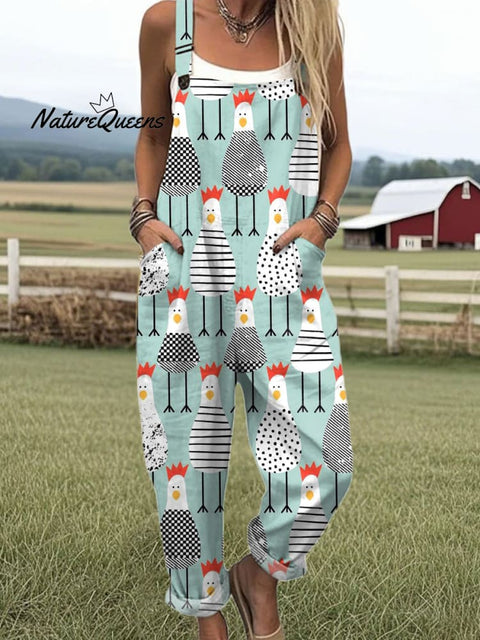 Women's  Funny Chick Art Print Casual 100% Cotton Wide Leg Jumpsuit