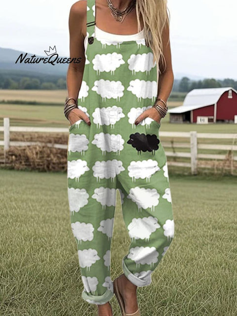 Women's  Funny Sheep Art Print Casual 100% Cotton Wide Leg Jumpsuit