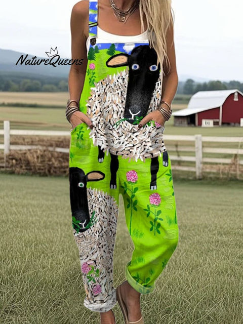 Women's  Funny Sheep Art Print Casual 100% Cotton Wide Leg Jumpsuit