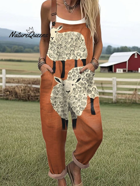 Women's  Funny Sheep Art Print Casual 100% Cotton Wide Leg Jumpsuit