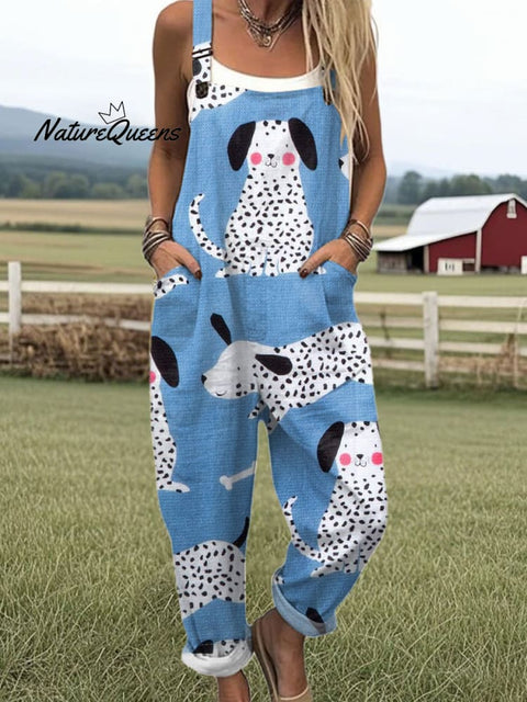 Women's  Funny  Dog Art Print Casual 100% Cotton Wide Leg Jumpsuit