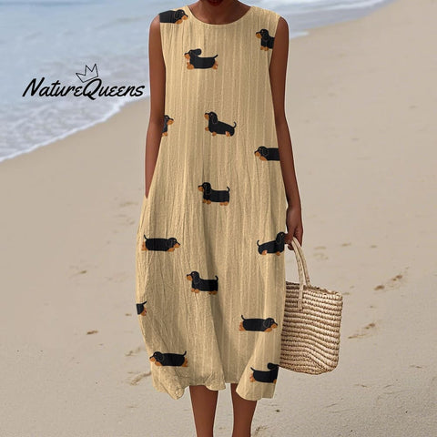Women's  Funny Dachshund Art Print Sleeveless Cotton Pocket Wrap Dress