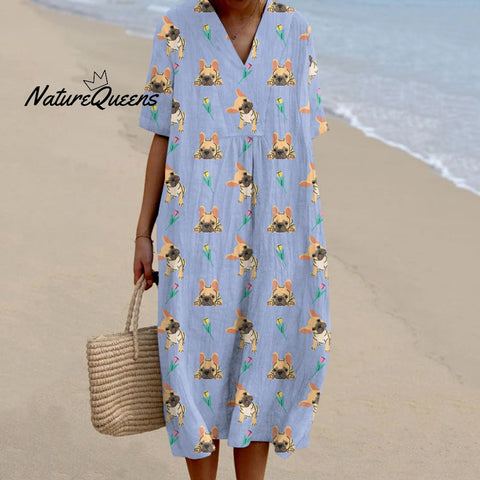 Women's  Funny Bulldog Art Print Sleeveless Cotton Pocket Wrap Dress