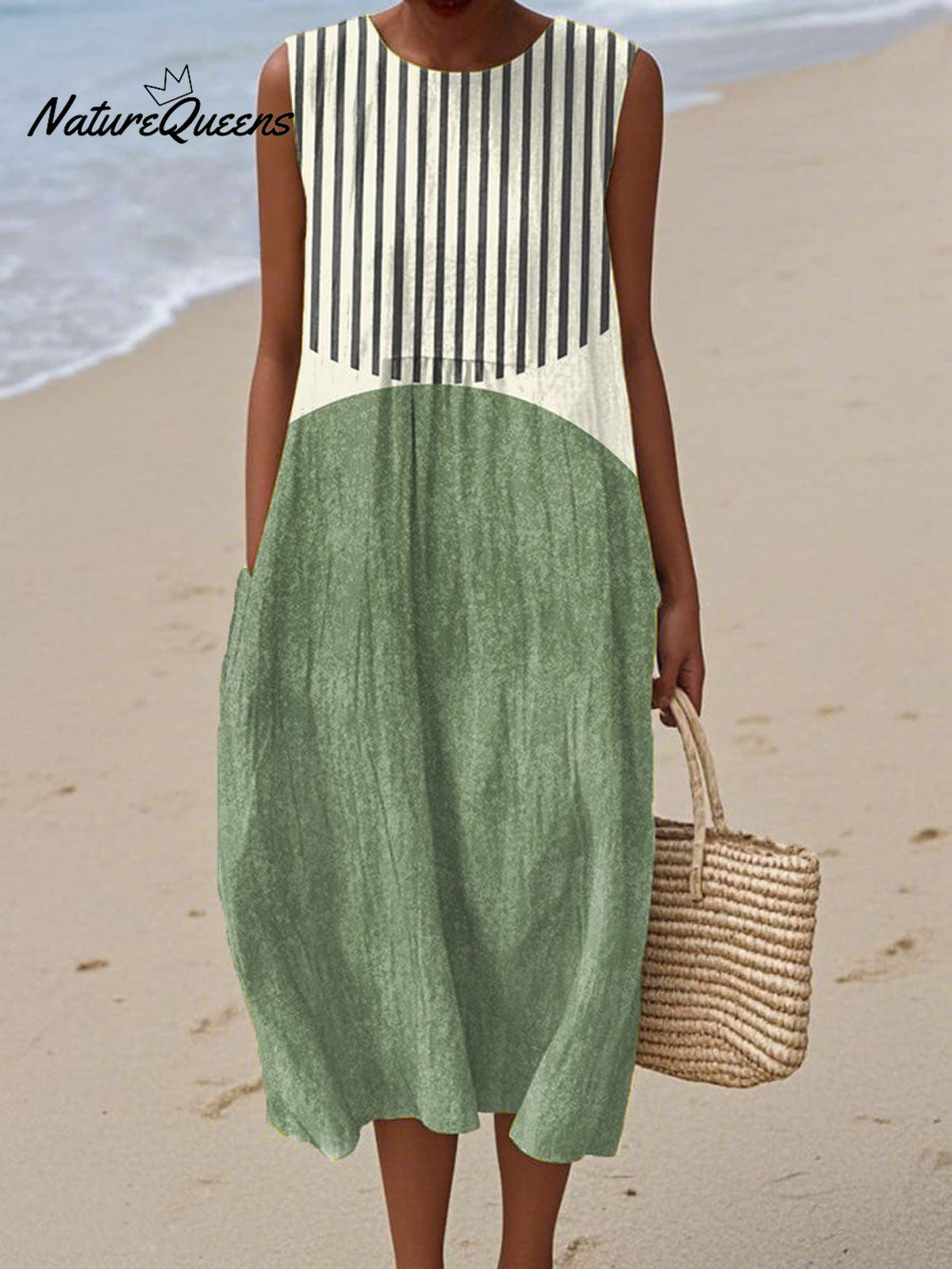 Women's Vintage Abstract Geometric Art Print Sleeveless Cotton Pocket Wrap Dress