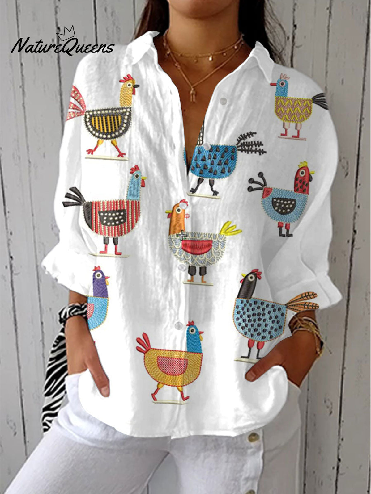 Women'sFunny Vintage Chicken Art Print Casual Linen V-neck Shirt